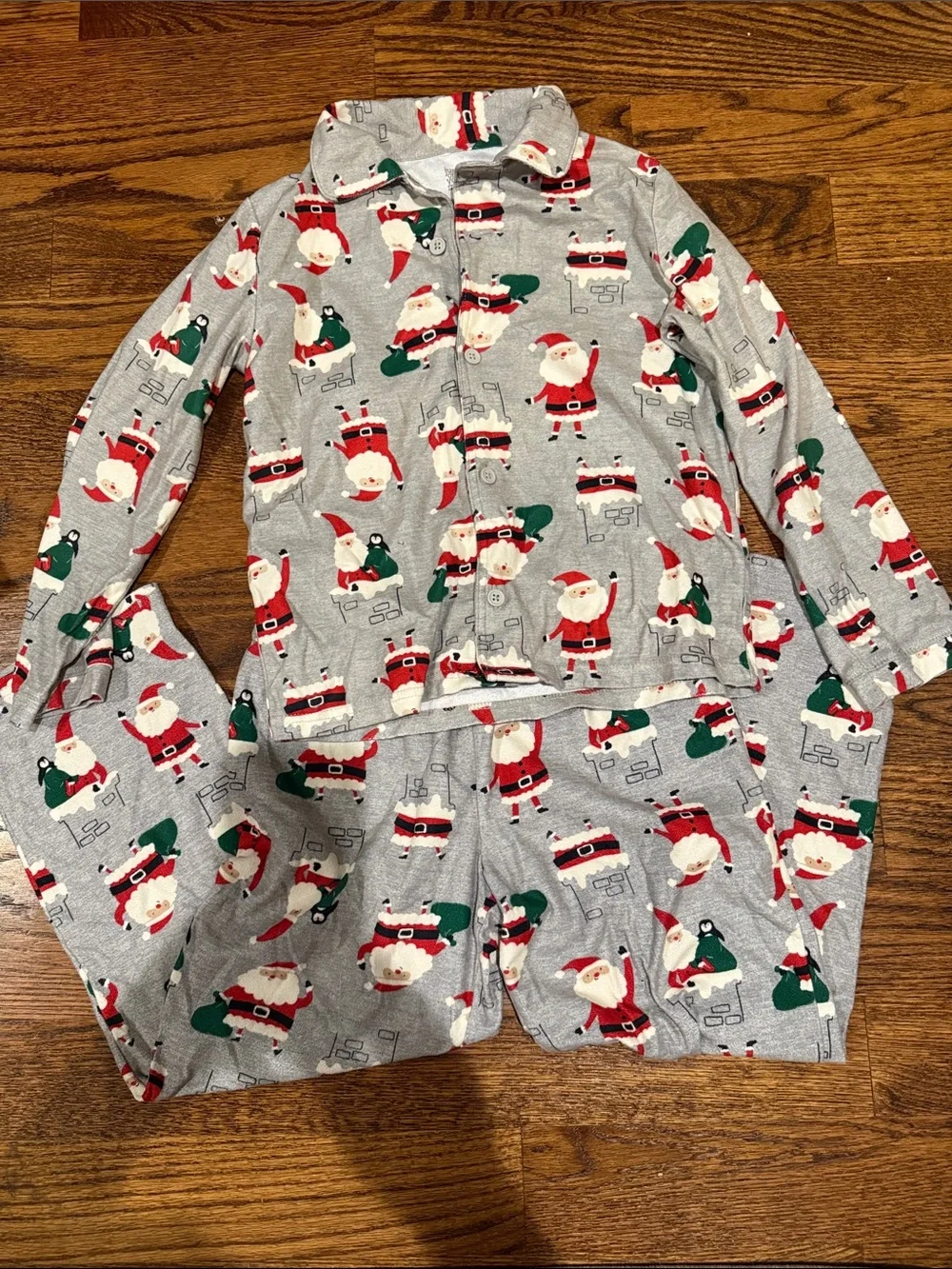 Grey Santa Print Kids Pajama Set with Red & Green Accents